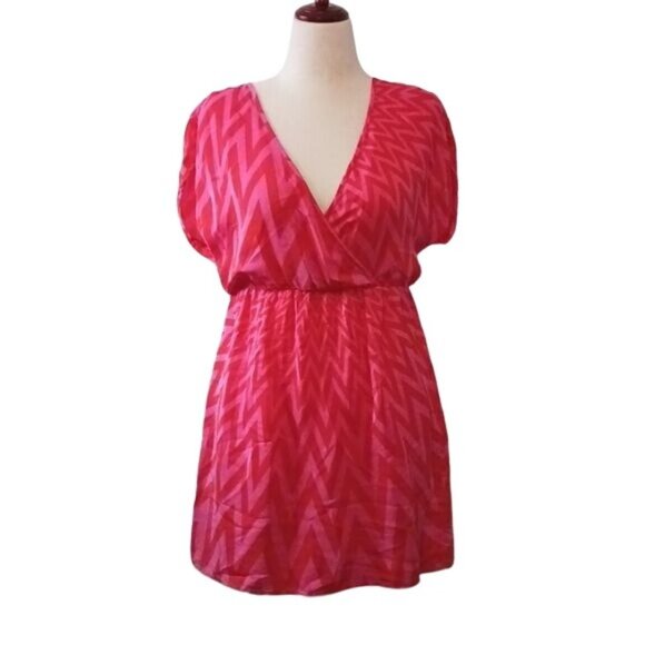 Amanda Uprichard Silk Pink Red Zig Zag Pattern Mini‎ Empire Waist Dress Size L - Picture 1 of 11